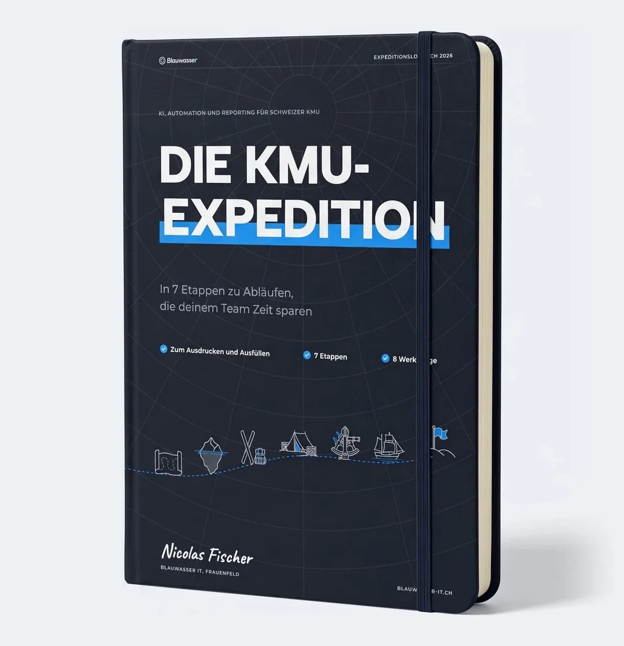 Das Logbuch «Die KMU-Expedition» als gebundenes Heft, dunkler Einband mit dem Titel und der Route aus sieben Stationen.