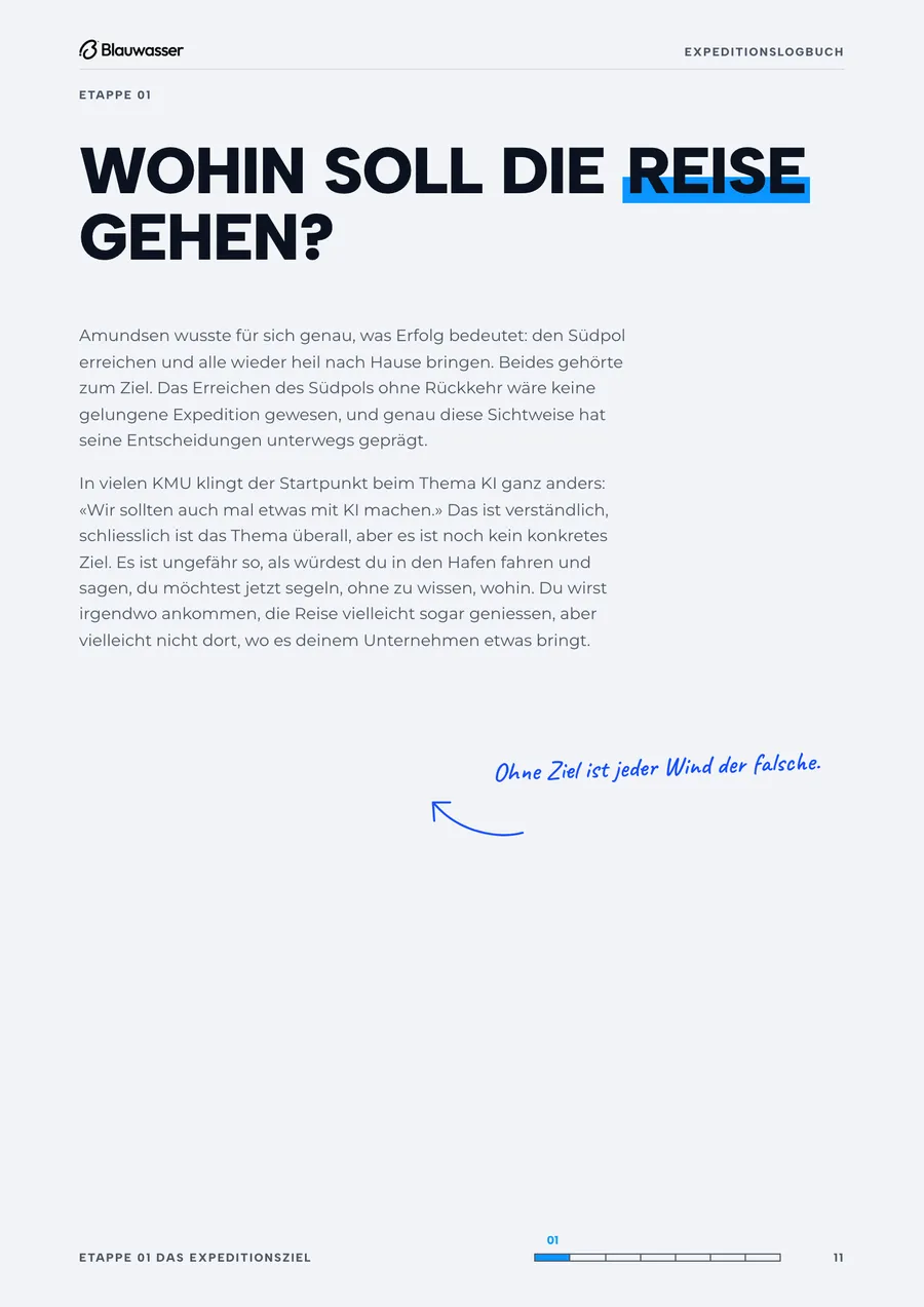 Eine Textseite aus Etappe 1 des Logbuchs mit Fliesstext und einer handschriftlichen Randnotiz.
